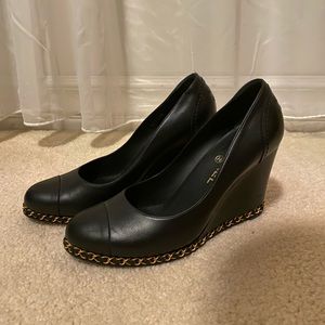 CHANEL black chain wedge pumps